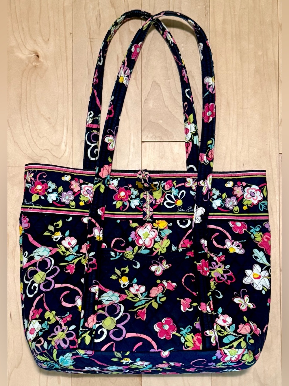 Vera Bradley Ribbons Quilted Tote Bag Toggle Pocket Multicolor Blue Floral